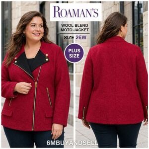Roamans Wool Blend Moto Jacket Red Black Plus Size 26W Asymmetrical Zip Coat